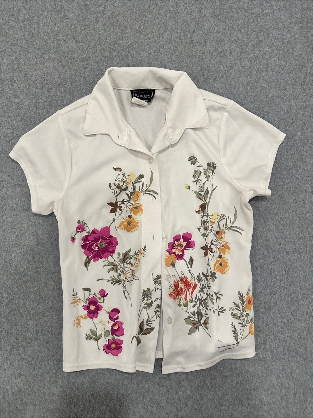 Anxiety White Button-Down Polo Shirt with Pink and Yellow Floral Print - Picture 2 of 8